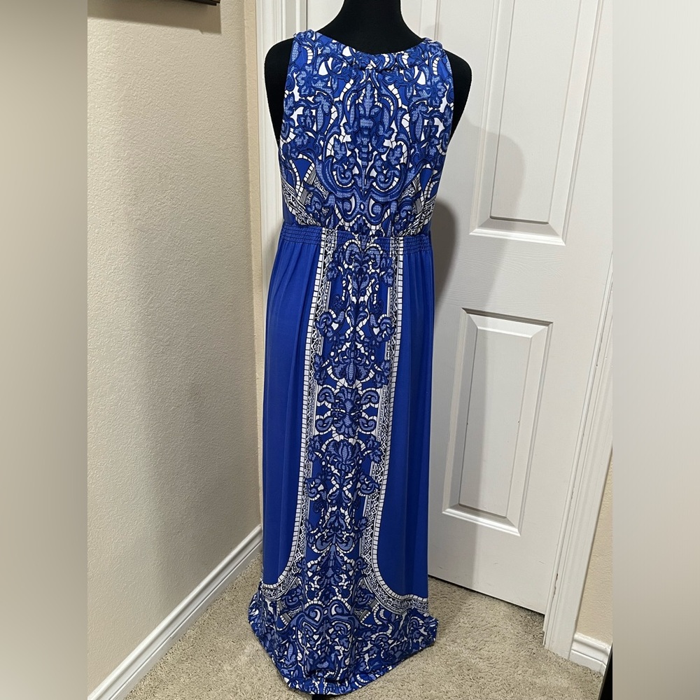 SOMA INTIMATE MAXI HALTER DRESS Blue and White ABSTRACT FLORAL PRINT SIZE L - Picture 4 of 12